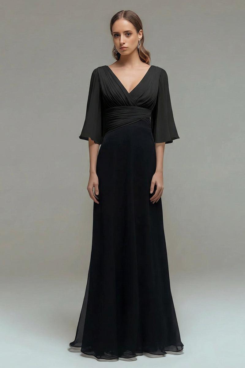 Load image into Gallery viewer, Black and White Ruched Chiffon Maxi Formal Dress with Sleeves