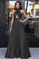 Load image into Gallery viewer, Metallic Gold Halter Keyhole A Line Long Prom Dress