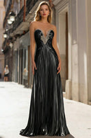 Load image into Gallery viewer, Sparkly Gold Pleated Strapless Metallic Long Prom Dress