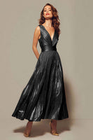 Load image into Gallery viewer, Sparkly Gold Metallic V-Neck A-Line Pleated Long Formal Dress