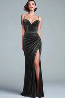 Load image into Gallery viewer, Burgundy Mermaid Velvet Maxi Holiday Party Dress with Slit