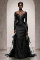 Load image into Gallery viewer, Dark Green Satin Sweetheart Mermaid Long Sleeves Formal Dress with Ruffles