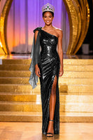 Load image into Gallery viewer, Sparkly Dark Green One Shoulder Long Sequin Pageant Dress with Slit