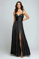 Load image into Gallery viewer, Silver Metallic Spaghetti Straps Pleated Long Formal Dress with Slit