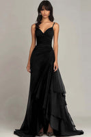 Load image into Gallery viewer, Dark Brown Spaghetti Straps Ruffled Long Chiffon Formal Dress