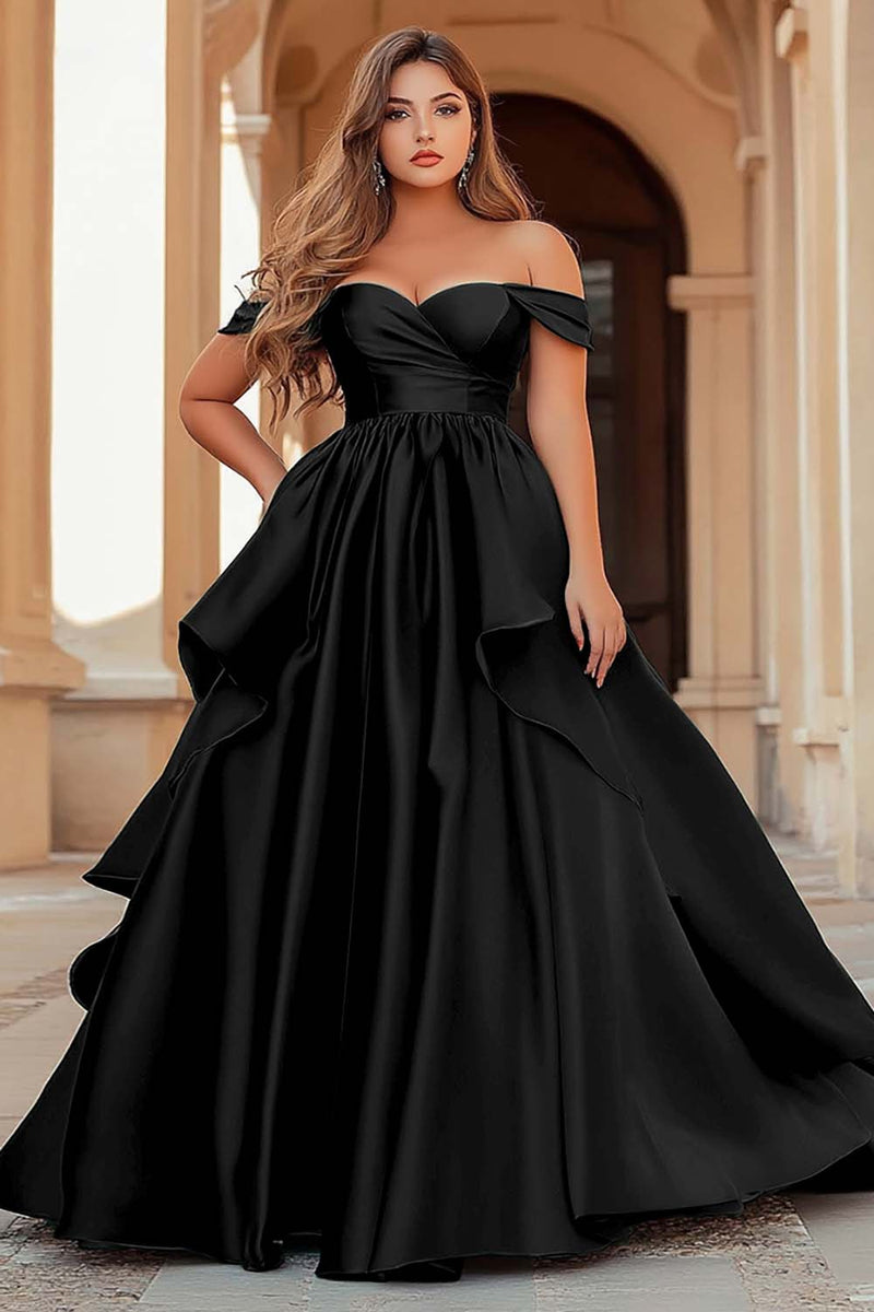 Load image into Gallery viewer, Dark Green Off the Shoulder Satin Long Prom Dress with Ruffles