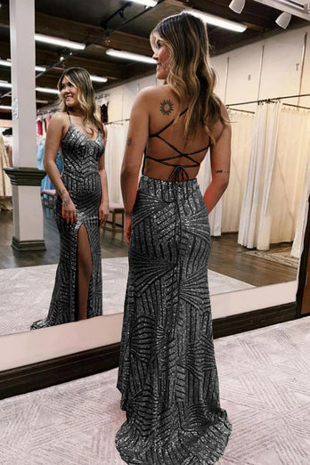 Sparkly Orange Open Back Sequins Long Prom Dress with Slit