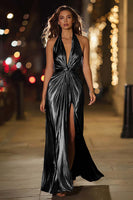 Load image into Gallery viewer, Sparkly Gold Metallic Halter Ruched Long Formal Dress with Slit