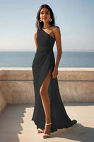Load image into Gallery viewer, Chiffon One Shoulder Ruched Ivory Maxi Rehearsal Dinner Dress with Slit