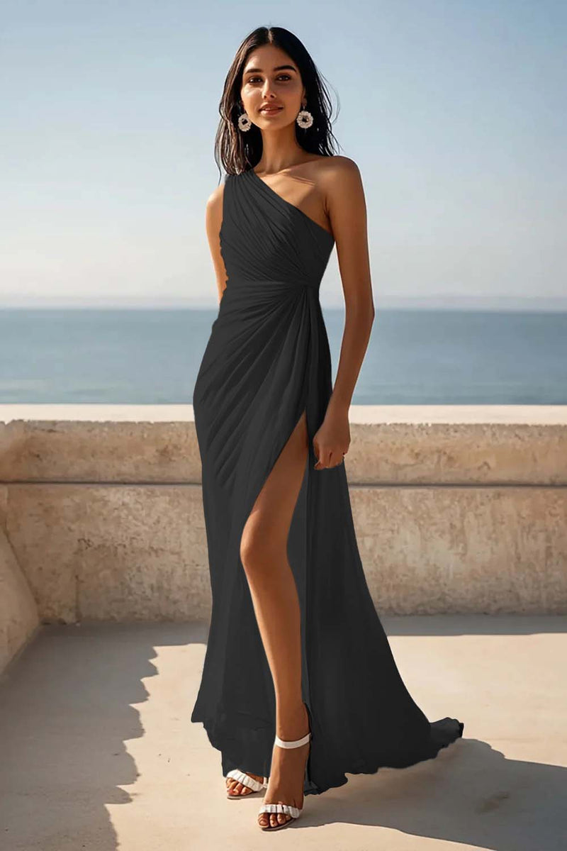 Load image into Gallery viewer, Chiffon One Shoulder Ruched Ivory Maxi Rehearsal Dinner Dress with Slit