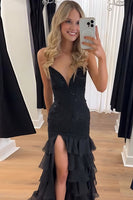 Load image into Gallery viewer, Sparkly Lilac Appliques Tiered Maxi Chiffon Prom Dress with Slit