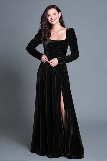 Burgundy Velvet A-Line Long Sleeves Holiday Party Dress with Slit