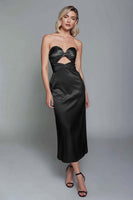 Load image into Gallery viewer, Dusty Blue Sweetheart Cut Out Satin Ankle Length Sheath Formal Dress