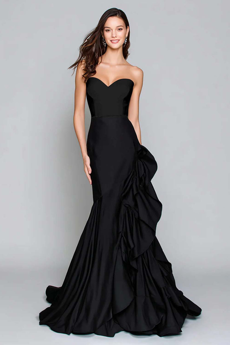 Load image into Gallery viewer, Black and White Mermaid Satin Ruffled Long Formal Dress