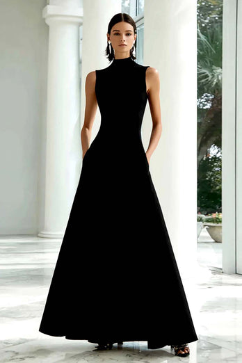 Black and White A Line High Neck Maxi Formal Dress