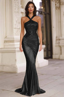 Load image into Gallery viewer, Sparkly Gold Mermaid Long Halter Prom Dress with Sequins