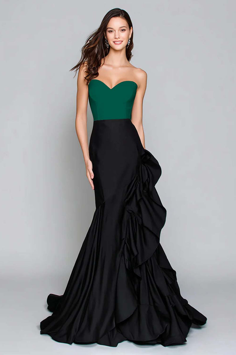 Load image into Gallery viewer, Black and White Mermaid Satin Ruffled Long Formal Dress