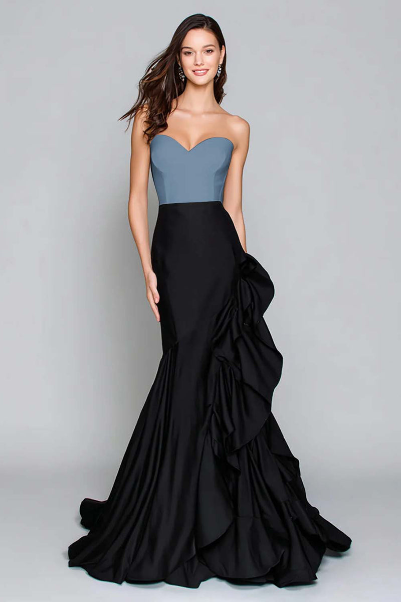 Load image into Gallery viewer, Black and White Mermaid Satin Ruffled Long Formal Dress
