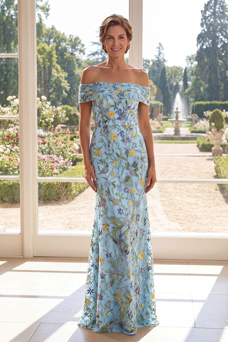 Load image into Gallery viewer, Green Mermaid Long Off the Shoulder Floral Mother of the Bride Dress