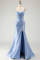 Load image into Gallery viewer, Burgundy Mermaid Satin Long Corset Prom Dress with Slit