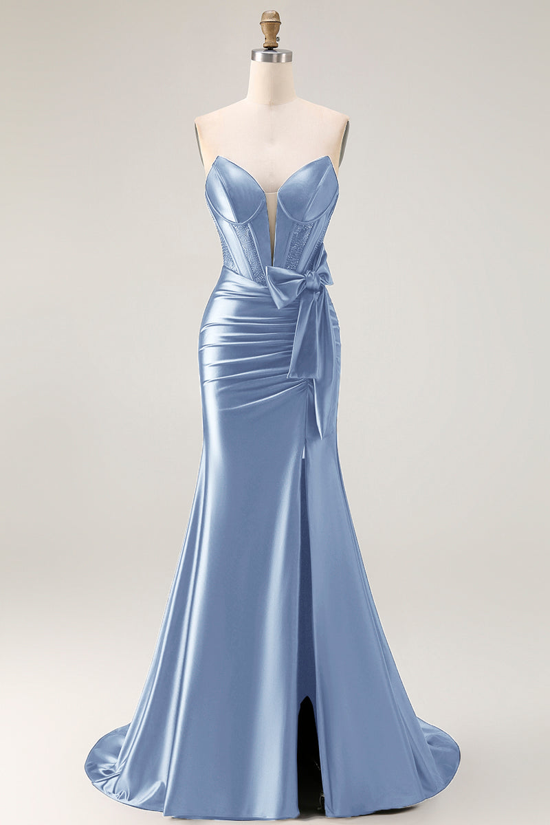 Load image into Gallery viewer, Navy Mermaid Strapless Corset Maxi Prom Dress with Slit
