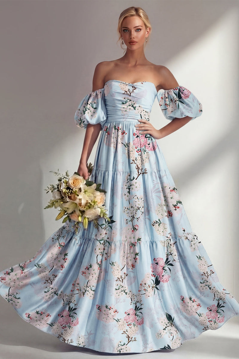 Load image into Gallery viewer, Puff Sleeves Pink Floral Strapless A Line Ruched Long Wedding Guest Dress
