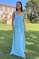 Load image into Gallery viewer, Navy Floral A Line Square Neck Maxi Formal Dress