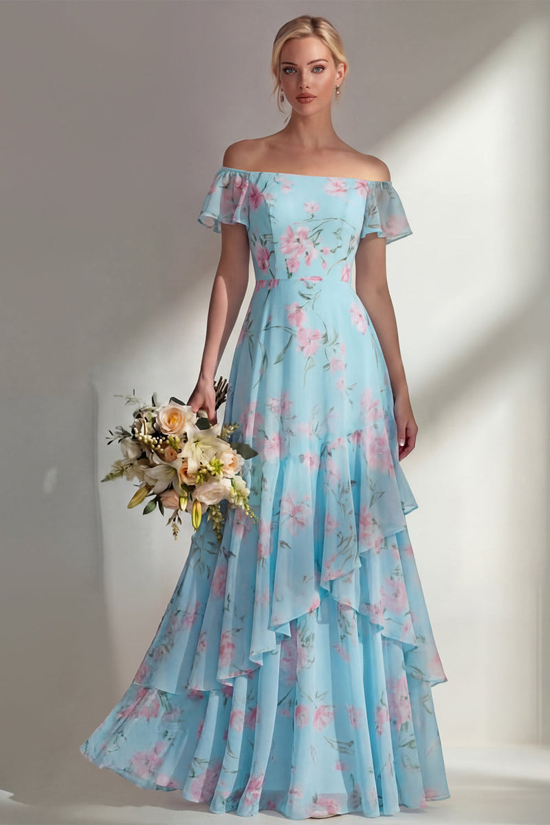 Load image into Gallery viewer, Floral Green A Line Off the Shoulder Long Boho Wedding Guest Dress with Ruffles