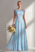 Load image into Gallery viewer, Floral Boat Neck Blue A Line Long Beach Wedding Guest Dress with Ruffles
