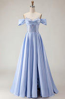 Load image into Gallery viewer, Sparkly Purple A Line Beaded Satin Long Corset Prom Dress with Slit