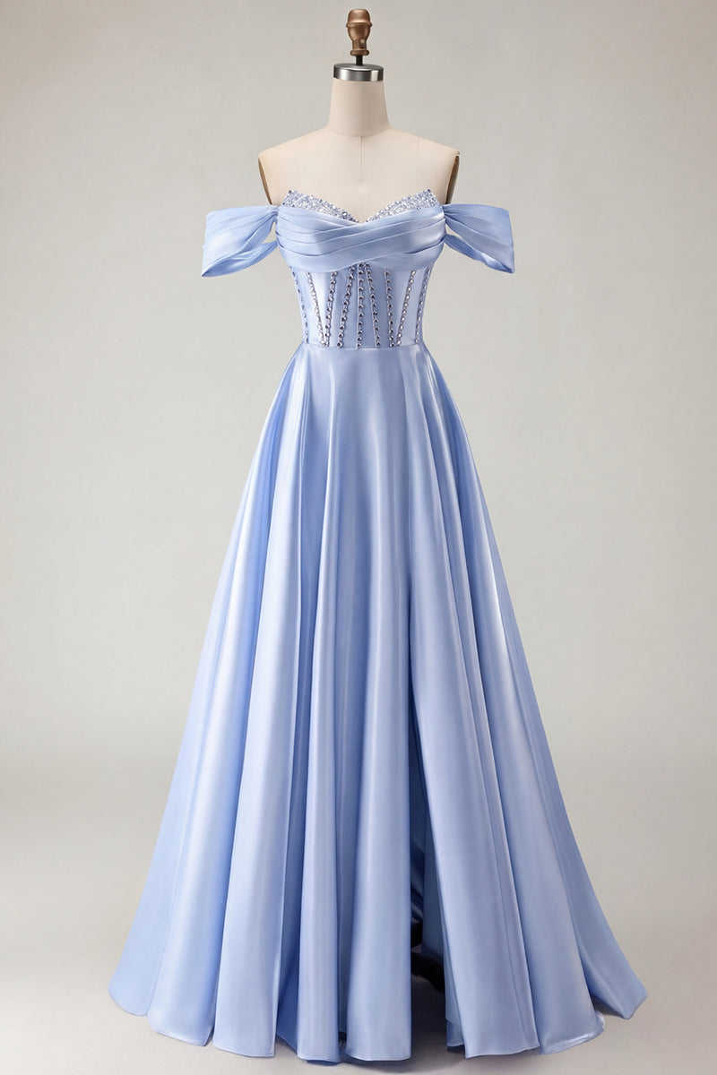 Load image into Gallery viewer, Sparkly Purple A Line Beaded Satin Long Corset Prom Dress with Slit