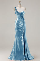 Load image into Gallery viewer, Sparkly Red Ruched Metallic Long Corset Prom Dress with 3D Flowers