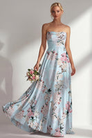 Load image into Gallery viewer, Floral Strapless Ruched Blue A Line Long Wedding Guest Dress