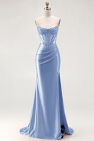 Load image into Gallery viewer, Sparkly Red Mermaid Satin Beaded Long Corset Prom Dress with Slit