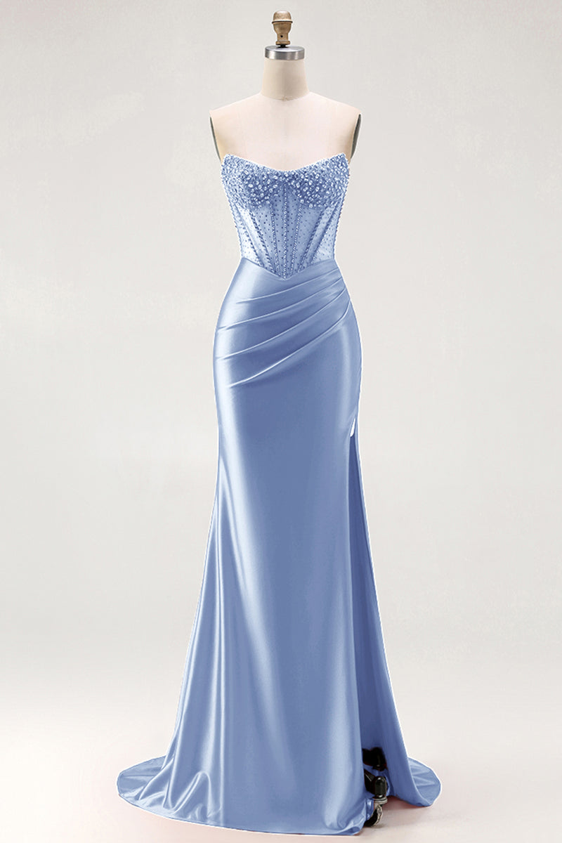 Load image into Gallery viewer, Sparkly Red Mermaid Satin Beaded Long Corset Prom Dress with Slit