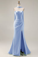 Load image into Gallery viewer, Mermaid Light Green Corset Neck Scarf Long Prom Dress with Slit