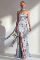 Load image into Gallery viewer, Pink Floral Strapless Sheath Neck Scarf Long Wedding Guest Dress with Slit