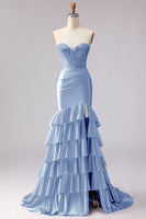 Load image into Gallery viewer, Red Satin Ruffled Mermaid Long Corset Prom Dress with Slit