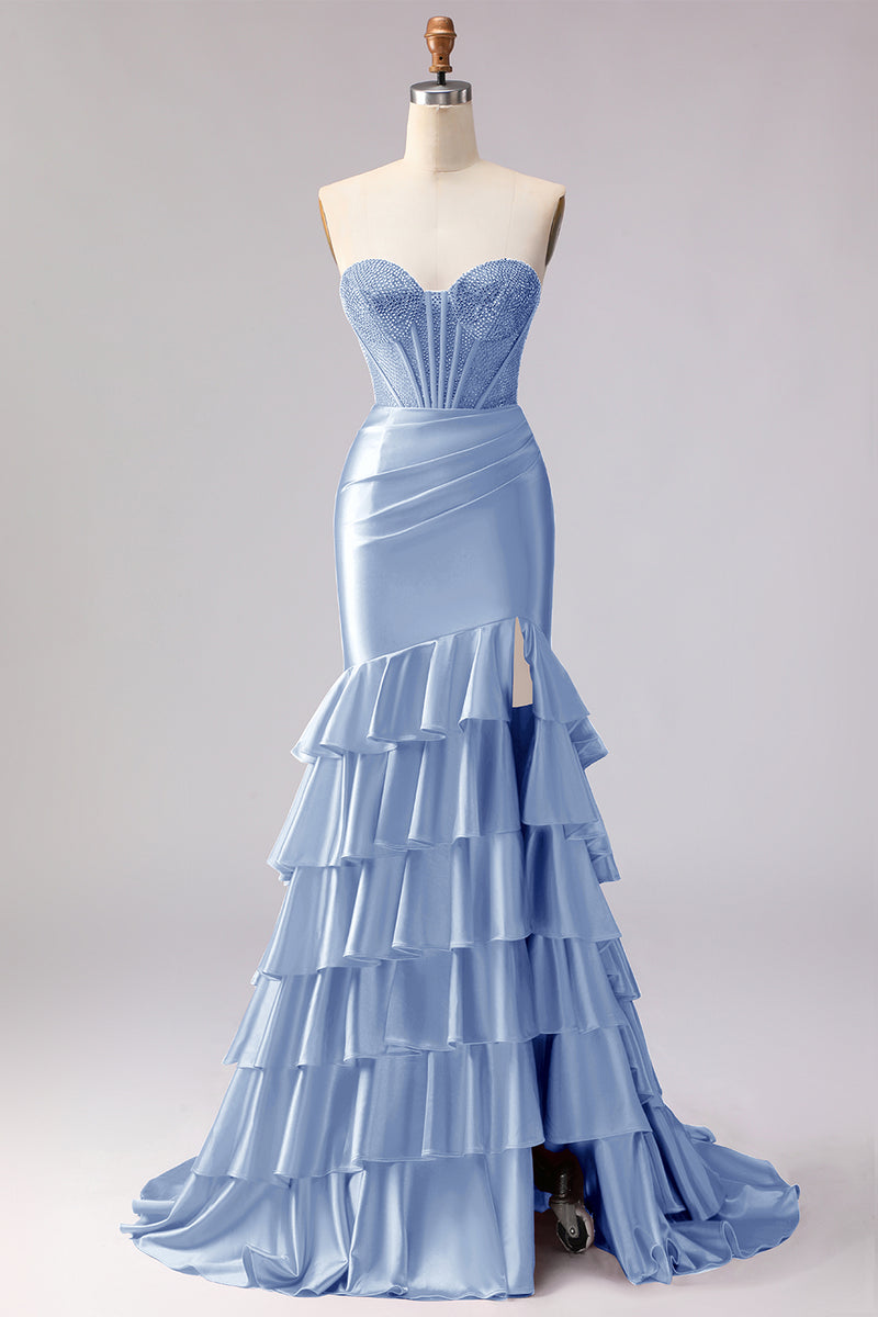 Load image into Gallery viewer, Red Satin Ruffled Mermaid Long Corset Prom Dress with Slit