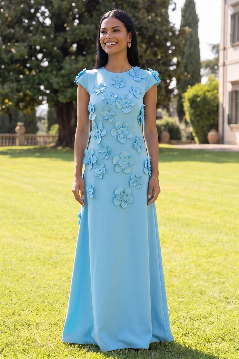 Load image into Gallery viewer, Black Floral A Line Round Neck Long Formal Dress with Sleeves
