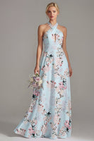 Load image into Gallery viewer, Halter Keyhole Floral Pink A Line Long Wedding Guest Dress