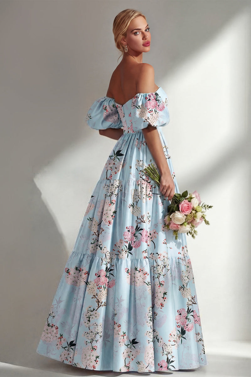 Load image into Gallery viewer, Puff Sleeves Pink Floral Strapless A Line Ruched Long Wedding Guest Dress