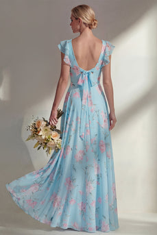 Floral Boat Neck Blue A Line Long Beach Wedding Guest Dress with Ruffles
