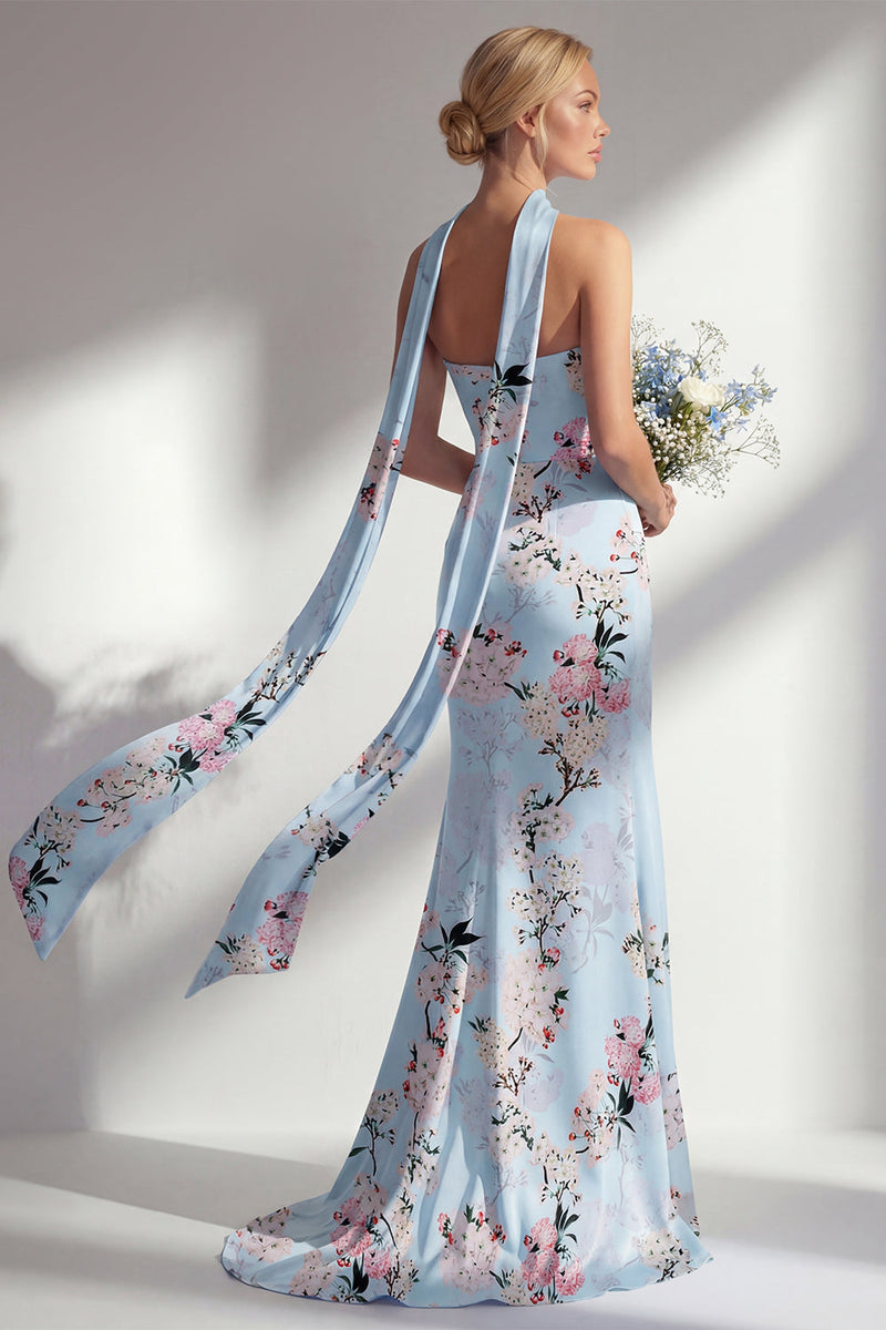 Load image into Gallery viewer, Pink Floral Strapless Sheath Neck Scarf Long Wedding Guest Dress with Slit