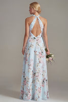 Load image into Gallery viewer, Halter Keyhole Floral Pink A Line Long Wedding Guest Dress