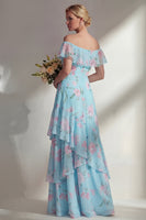 Load image into Gallery viewer, Floral Green A Line Off the Shoulder Long Boho Wedding Guest Dress with Ruffles