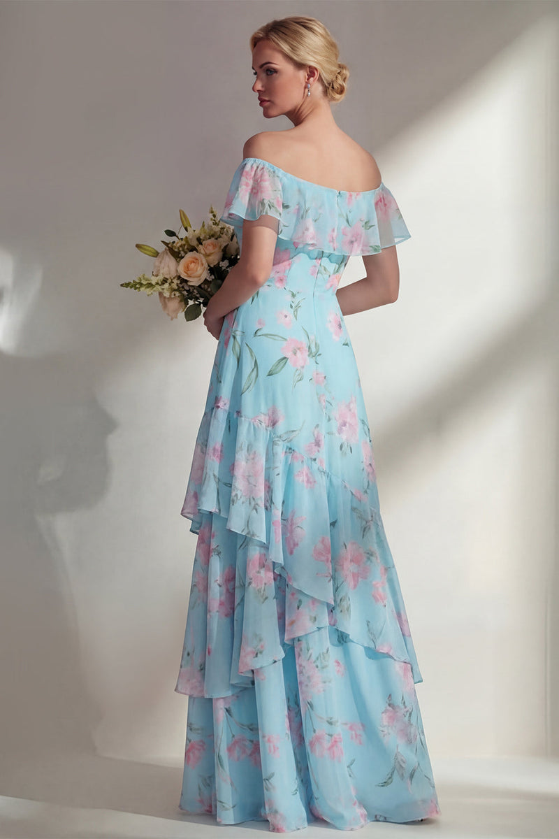 Load image into Gallery viewer, Floral Green A Line Off the Shoulder Long Boho Wedding Guest Dress with Ruffles