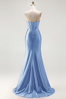 Load image into Gallery viewer, Sparkly Red Mermaid Satin Beaded Long Corset Prom Dress with Slit