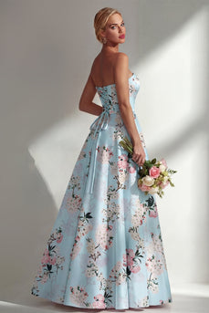 Floral Strapless Ruched Blue A Line Long Wedding Guest Dress