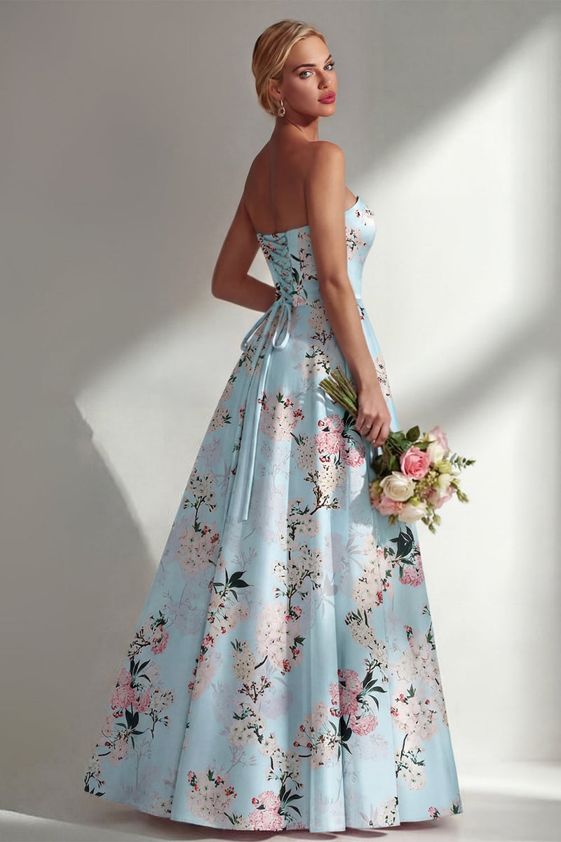 Load image into Gallery viewer, Floral Strapless Ruched Blue A Line Long Wedding Guest Dress